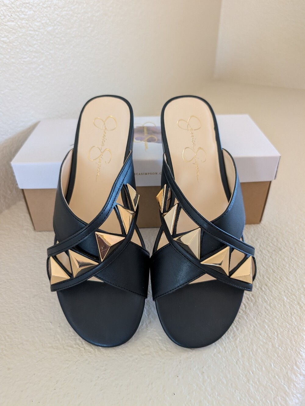 Jessica Simpson Black Slide Mules with Gold Pyramid Studs